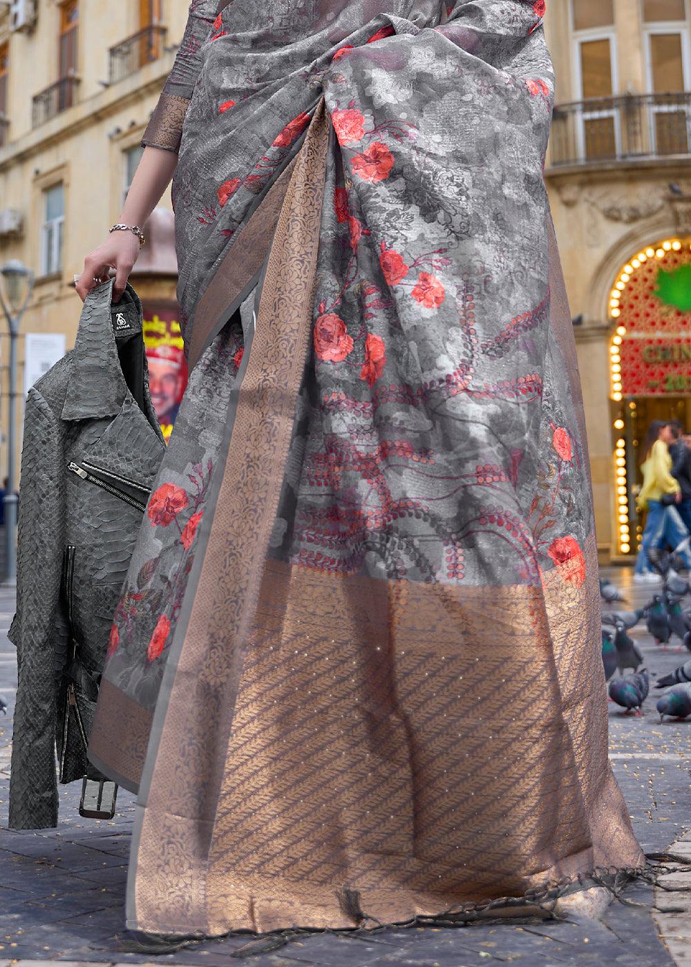 Steel Grey Printed Soft Silk Saree - qivii