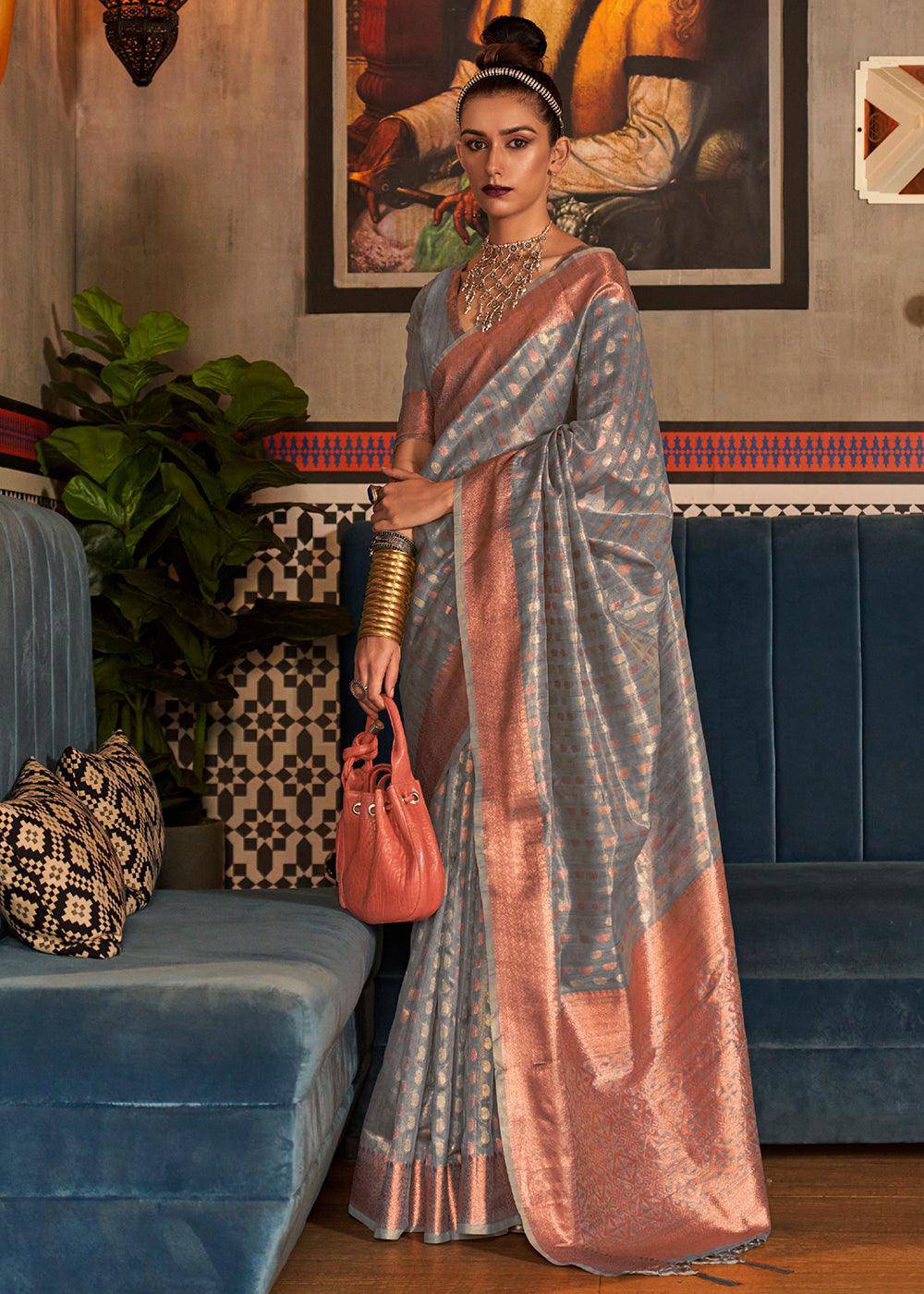 Steel Grey Zari Woven Tissue Silk Saree | Stitched Blouse - qivii