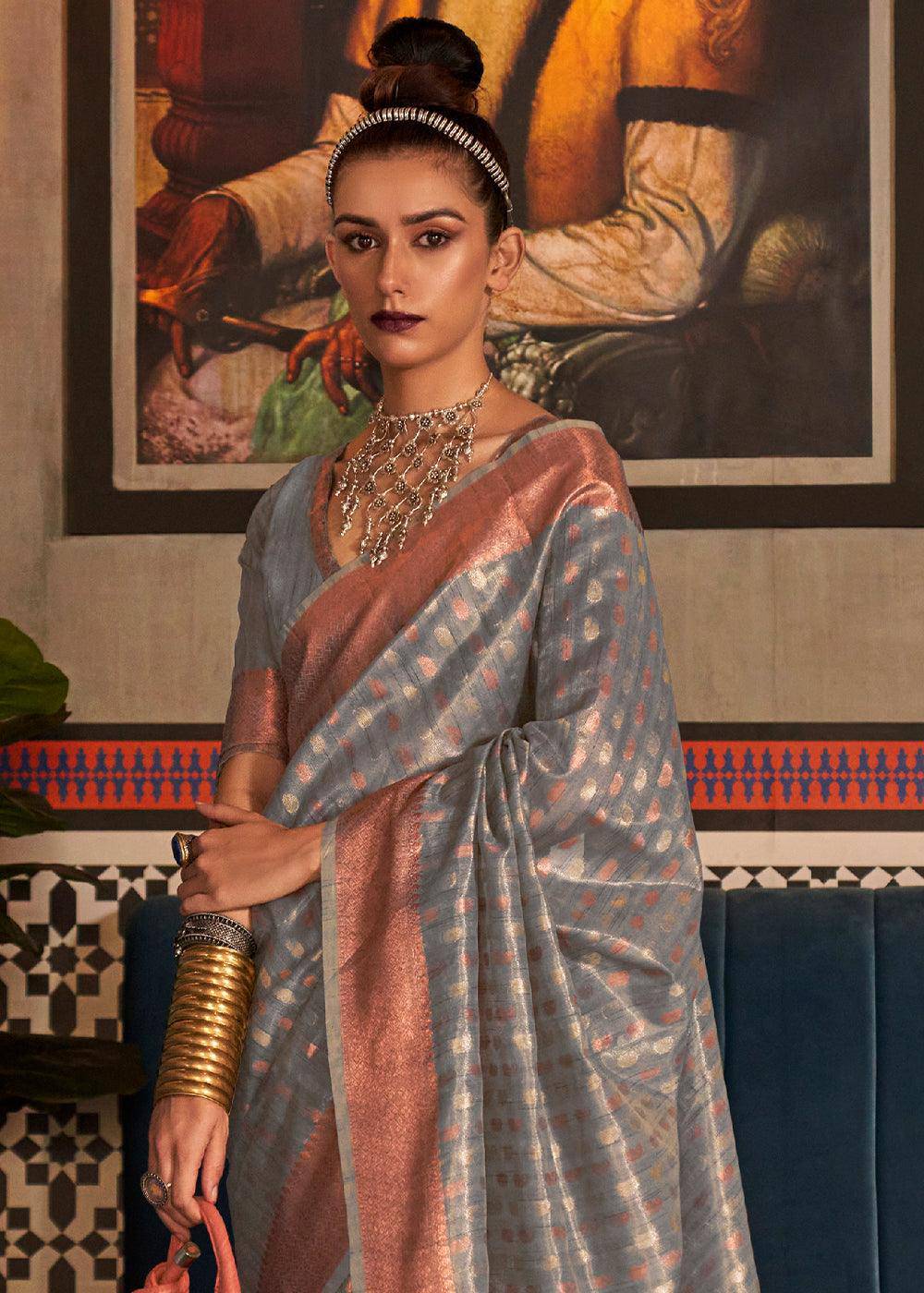 Steel Grey Zari Woven Tissue Silk Saree | Stitched Blouse - qivii