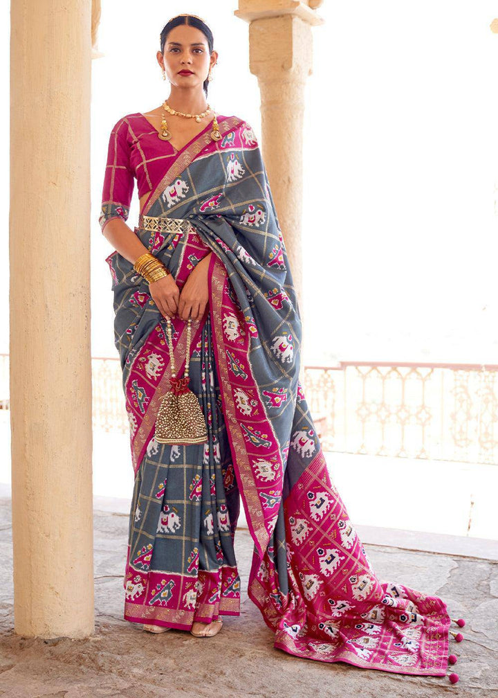 Stormy Grey Printed Patola Silk Saree with Zari Border & Tassels on Pallu | Stitched Blouse - qivii