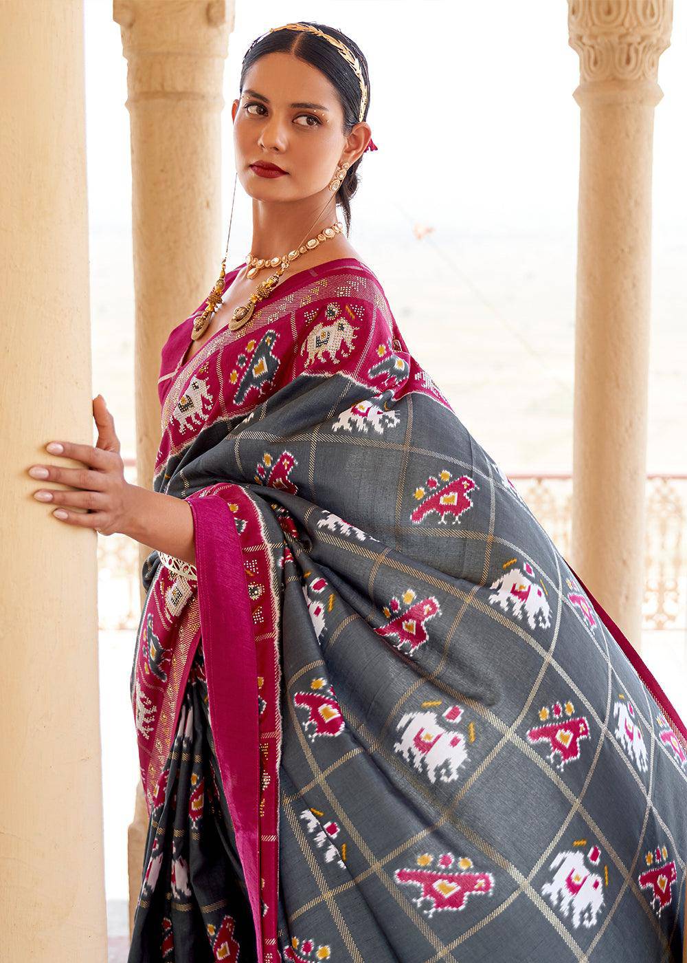 Stormy Grey Printed Patola Silk Saree with Zari Border & Tassels on Pallu | Stitched Blouse - qivii