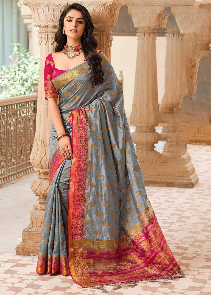 Stormy Grey Zari Butta Woven Raw Banarasi Silk Saree | Stitched Blouse - qivii