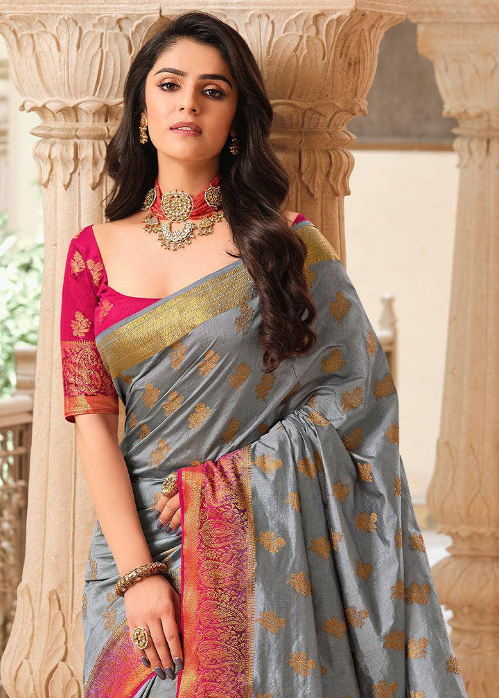 Stormy Grey Zari Butta Woven Raw Banarasi Silk Saree | Stitched Blouse - qivii