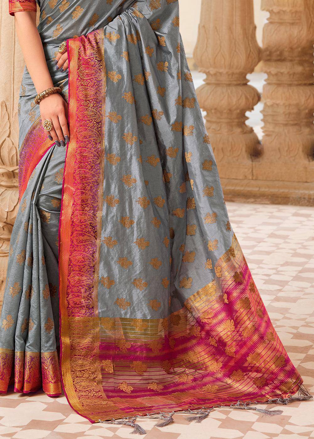 Stormy Grey Zari Butta Woven Raw Banarasi Silk Saree | Stitched Blouse - qivii