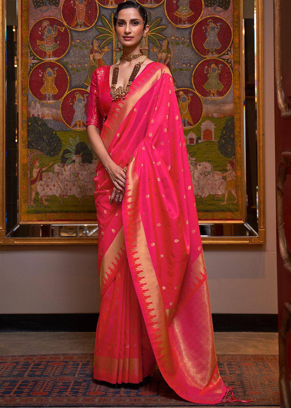 Strawberry Pink Handloom Woven Banarasi Silk Saree | Stitched Blouse - qivii