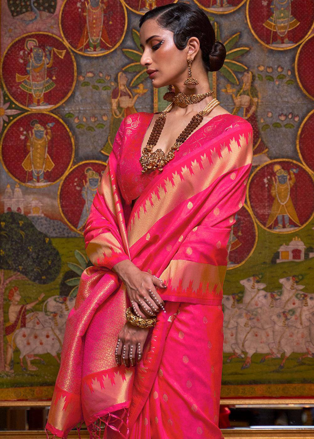 Strawberry Pink Handloom Woven Banarasi Silk Saree | Stitched Blouse - qivii