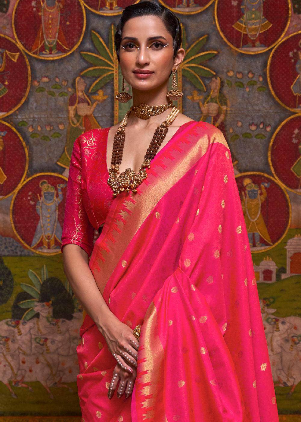 Strawberry Pink Handloom Woven Banarasi Silk Saree | Stitched Blouse - qivii