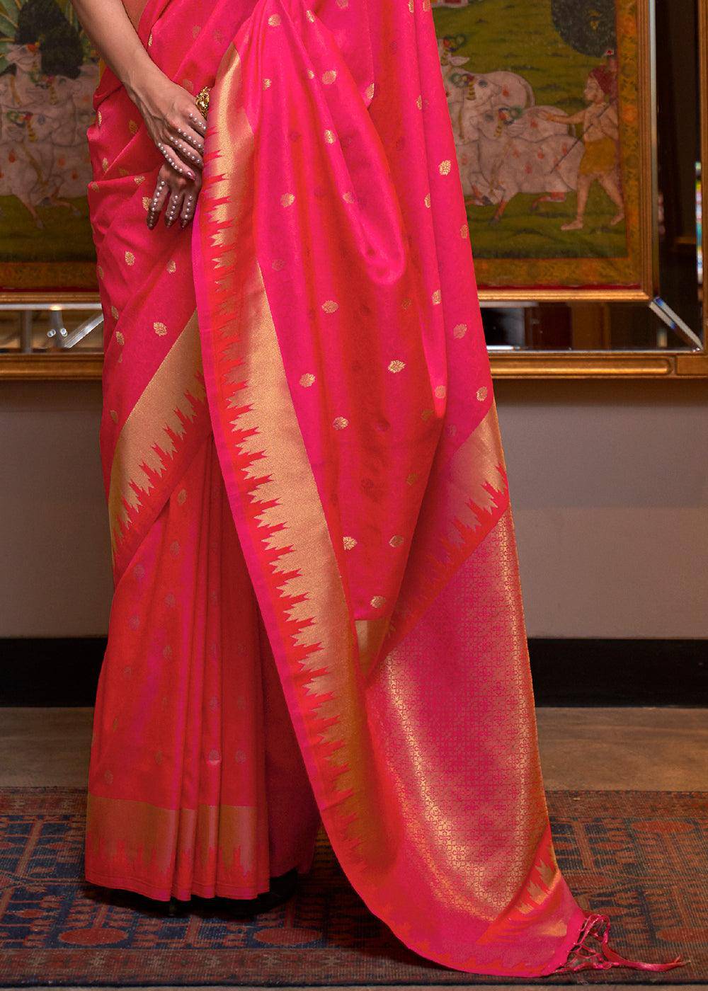 Strawberry Pink Handloom Woven Banarasi Silk Saree | Stitched Blouse - qivii