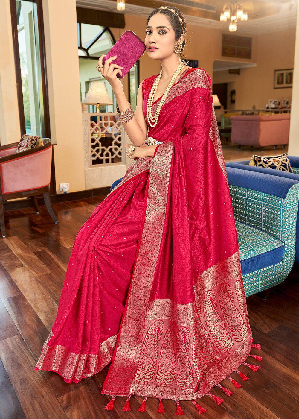 Strawberry Pink Woven Two Tone Soft Silk Saree | Stitched Blouse - qivii