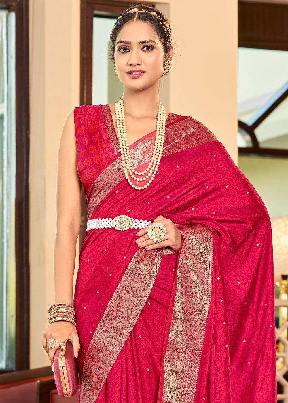 Strawberry Pink Woven Two Tone Soft Silk Saree | Stitched Blouse - qivii