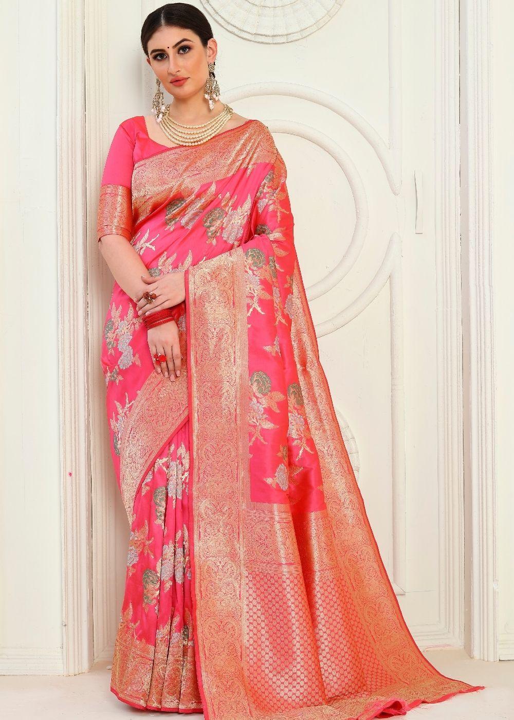 Strawberry Pink Zari Woven Banarasi Silk Saree | Stitched Blouse - qivii