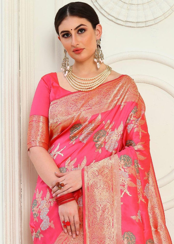 Strawberry Pink Zari Woven Banarasi Silk Saree | Stitched Blouse - qivii