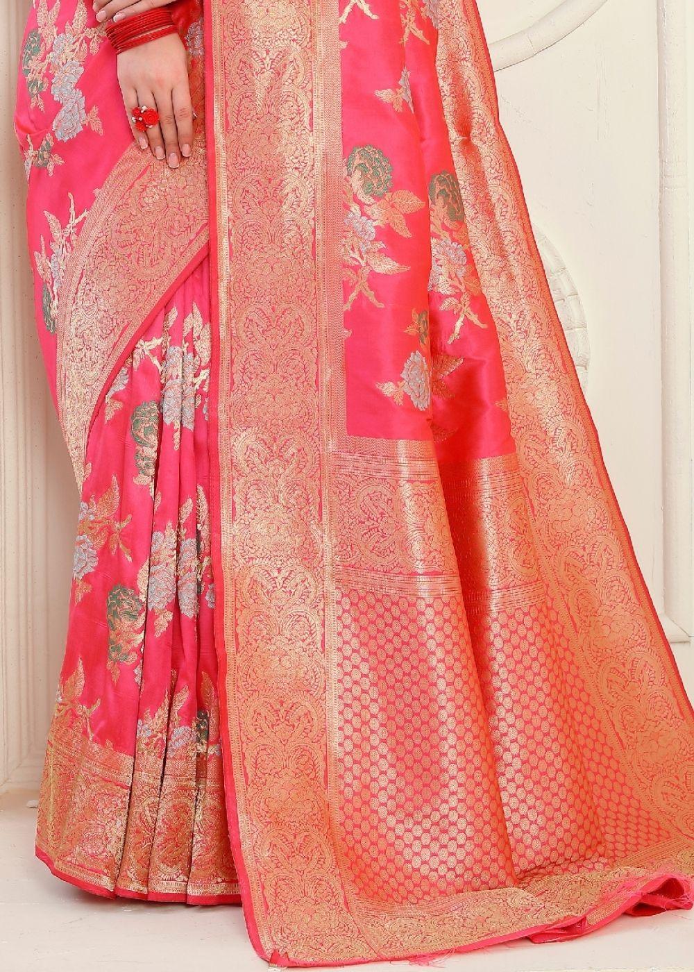 Strawberry Pink Zari Woven Banarasi Silk Saree | Stitched Blouse - qivii