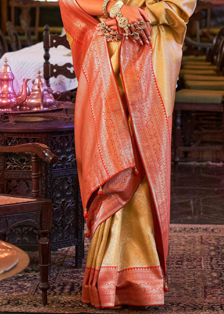 Sunrise Yellow Woven Kanjivaram Silk Saree | Stitched Blouse - qivii