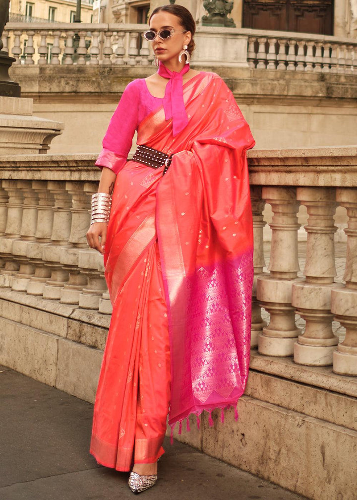 Sunset Orange Handloom Woven Soft Silk Saree - qivii