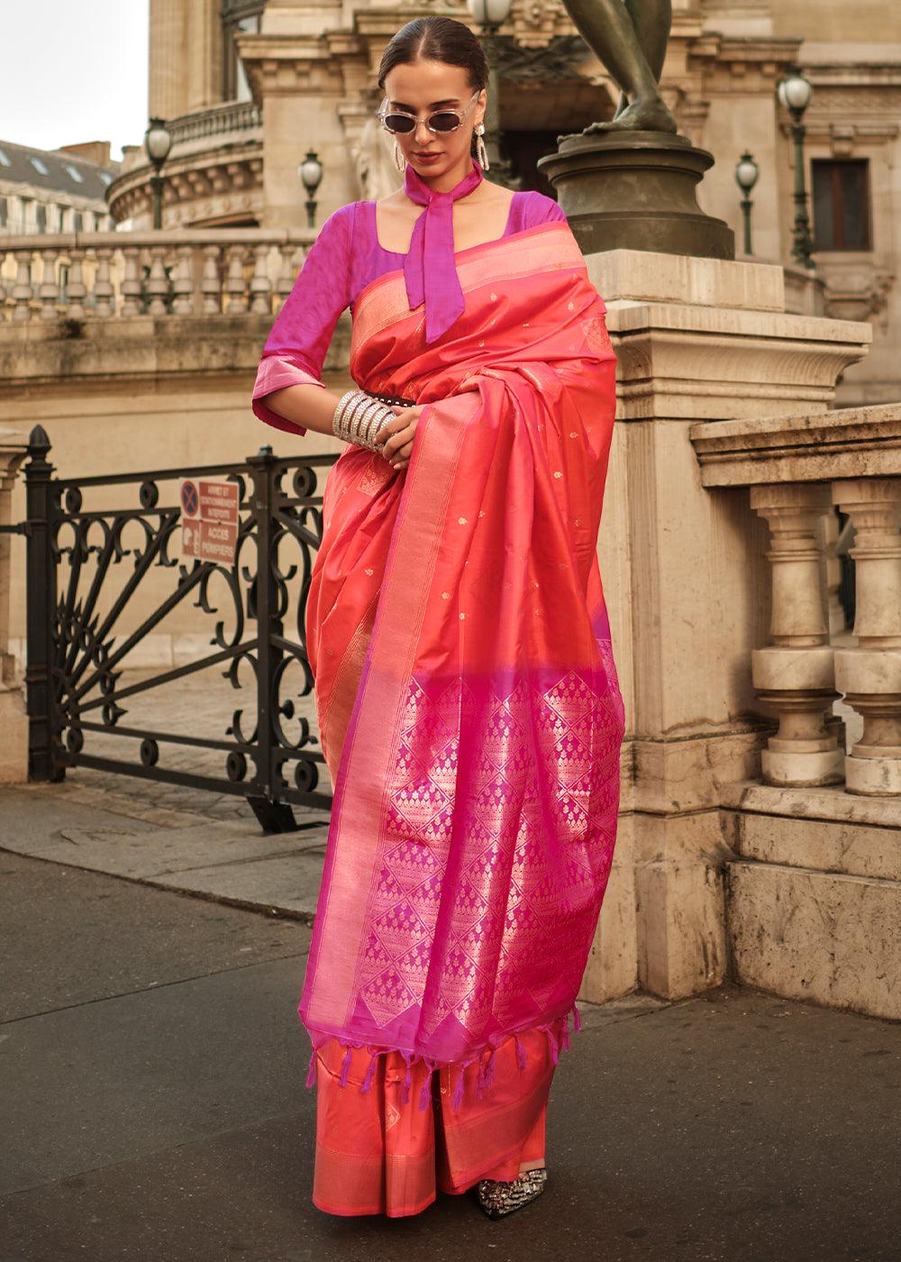 Sunset Orange Handloom Woven Soft Silk Saree - qivii