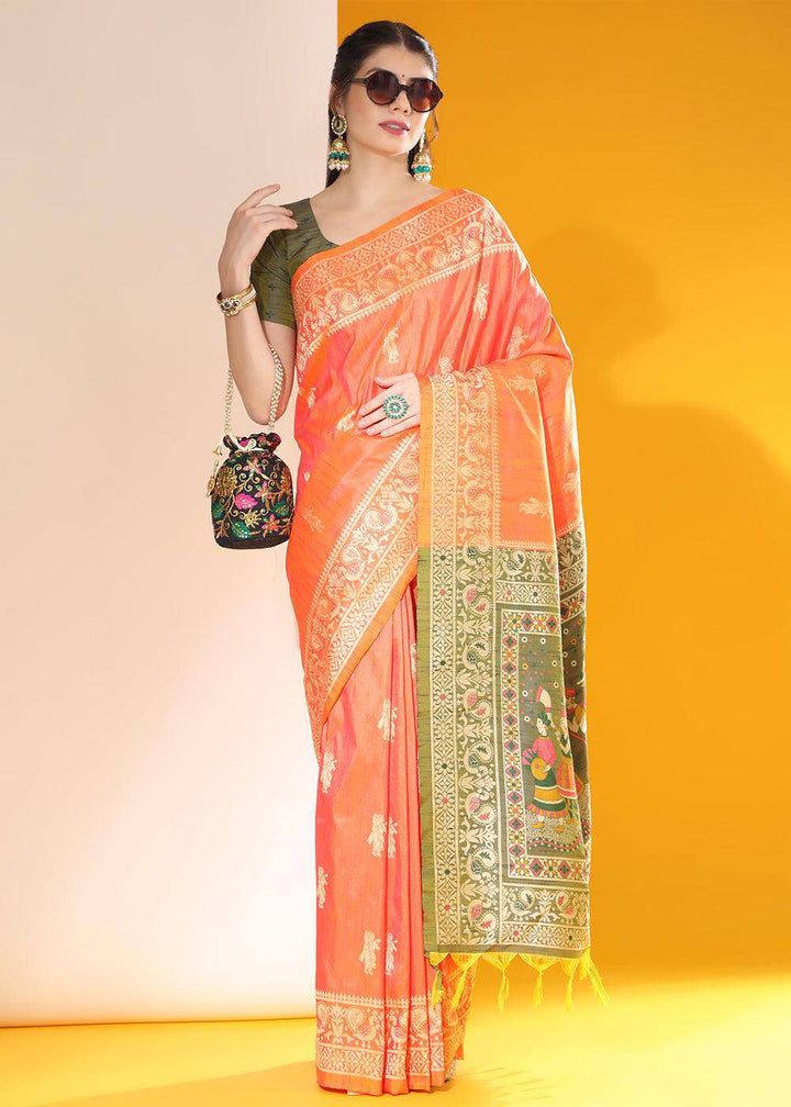 Sunset Orange Kalamkari Woven Handloom Raw Silk Saree | Stitched Blouse - qivii