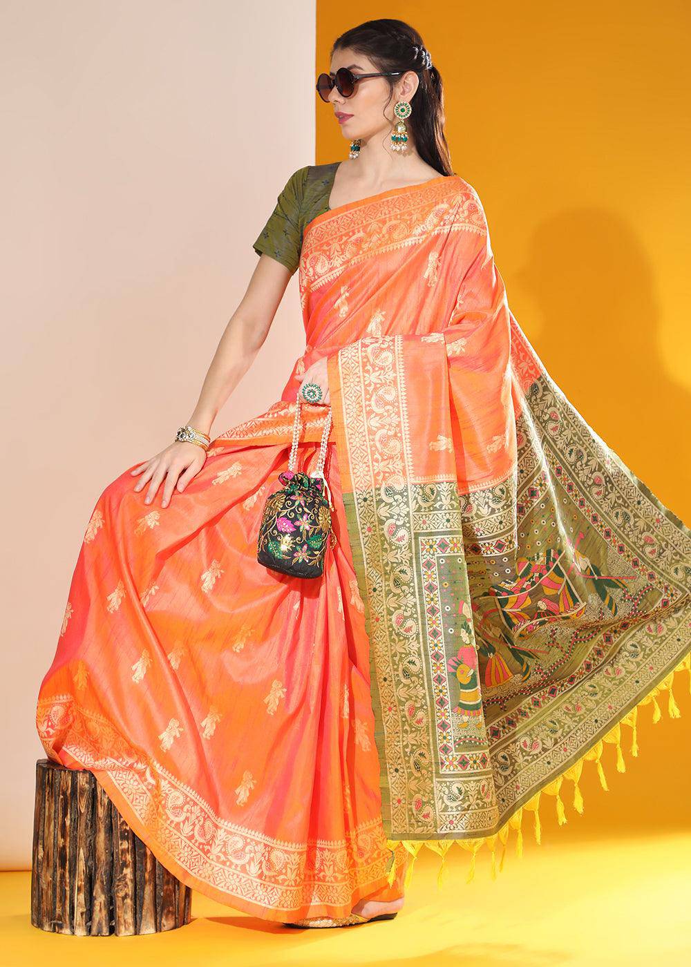 Sunset Orange Kalamkari Woven Handloom Raw Silk Saree | Stitched Blouse - qivii