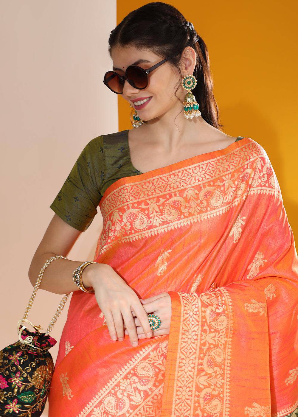 Sunset Orange Kalamkari Woven Handloom Raw Silk Saree | Stitched Blouse - qivii