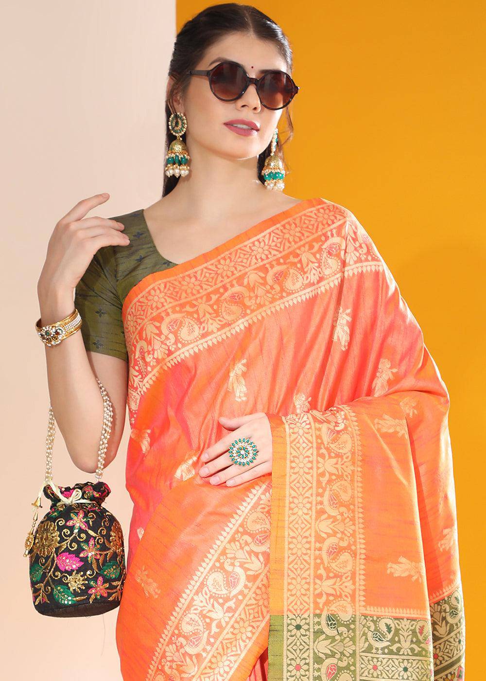 Sunset Orange Kalamkari Woven Handloom Raw Silk Saree | Stitched Blouse - qivii