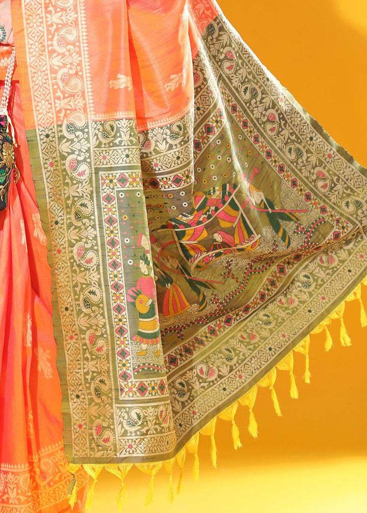 Sunset Orange Kalamkari Woven Handloom Raw Silk Saree | Stitched Blouse - qivii