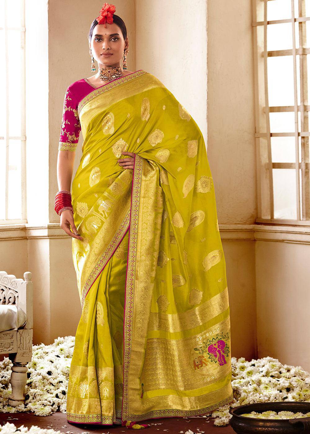 Suphur Spring Green Woven Dola Silk Saree with Contrast Embroidered Border | Stitched Blouse - qivii