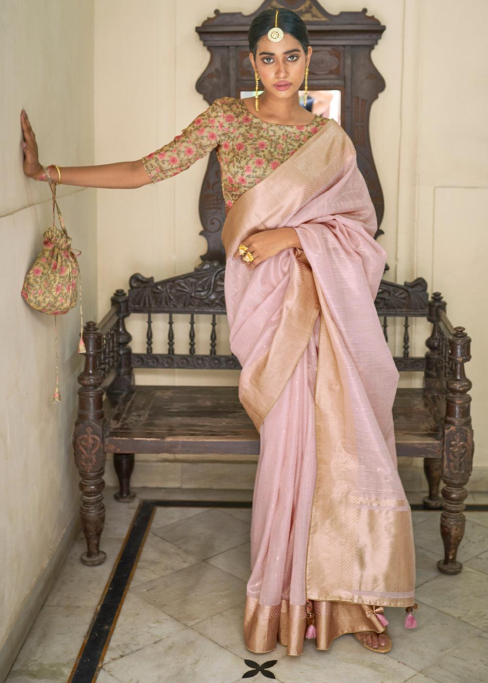 Sweet Pink Zari Weaving Tissue Silk Saree with kalamkari Print Blouse - qivii