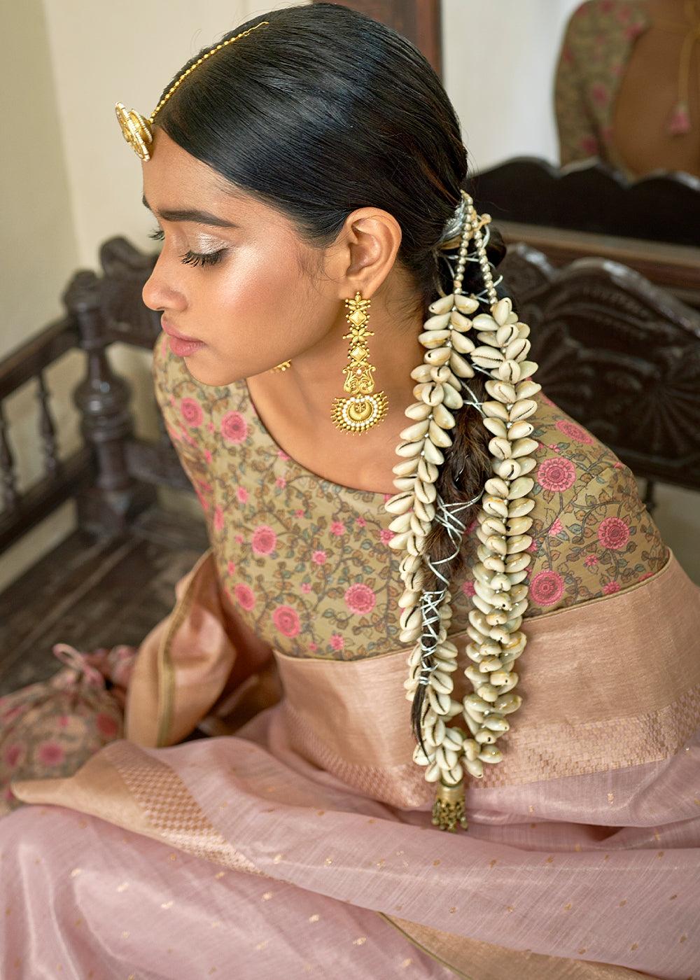 Sweet Pink Zari Weaving Tissue Silk Saree with kalamkari Print Blouse - qivii