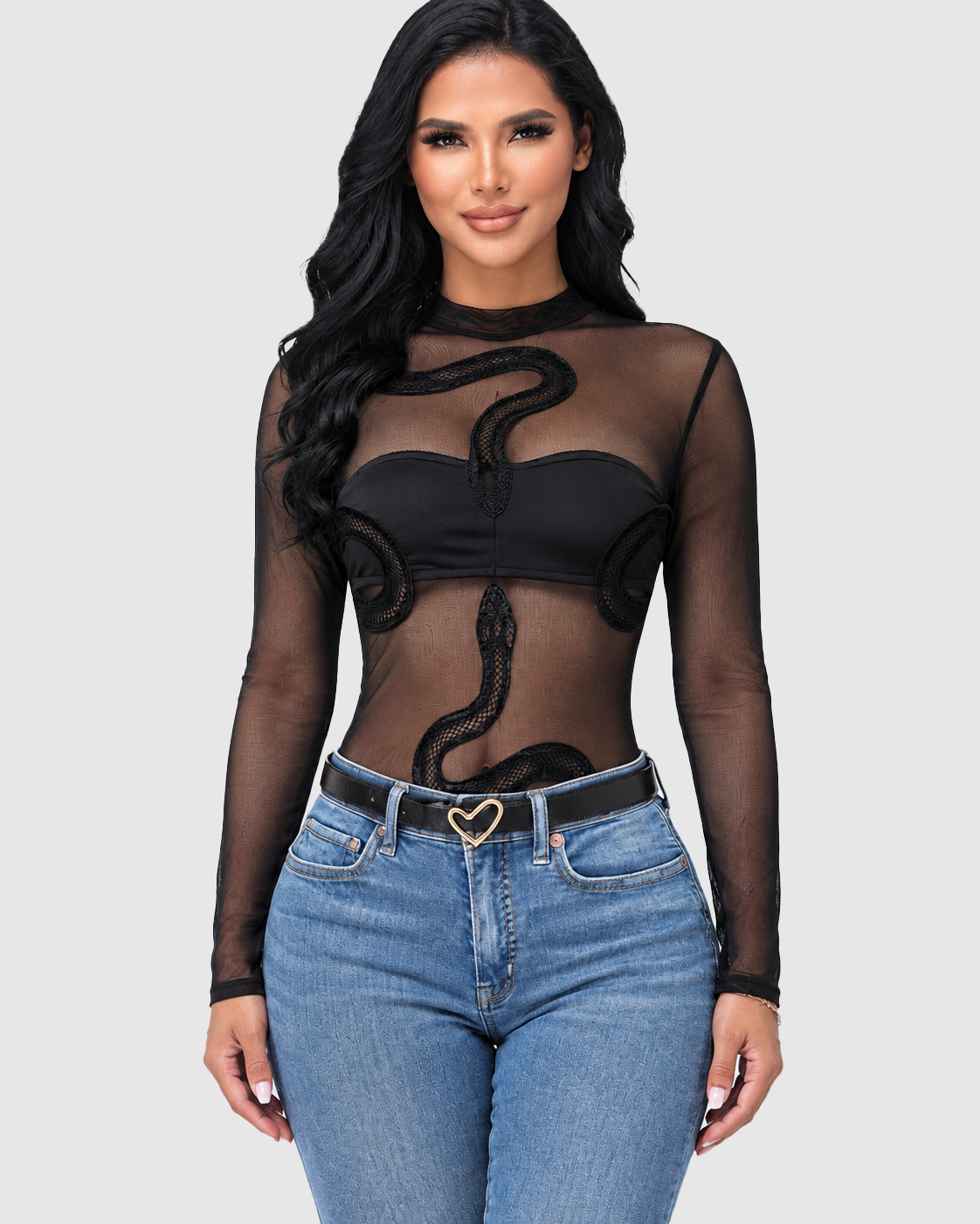 Black Snake Embroidery Mesh Long Sleeve Bodysuit