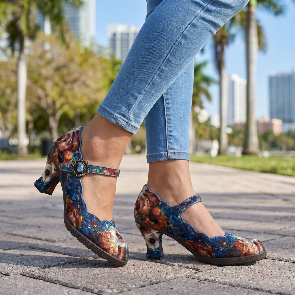 Light blue Sydney women's vintage Mary Jane heels by Hudson Ridge, stylish women's footwear with classic buckle strap design.