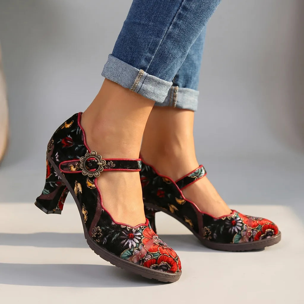 Red women's vintage Mary Jane heels by Hudson Ridge, part of the Sydney collection, featuring classic strap design and comfortable heel.