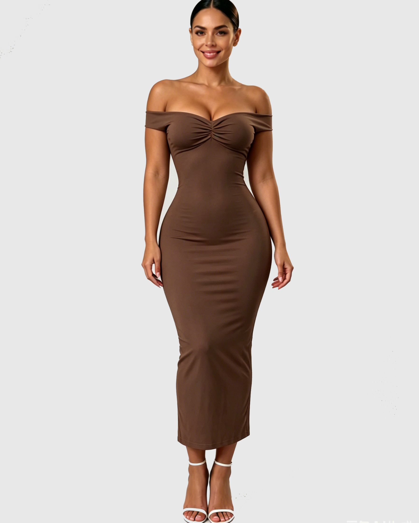 Off Shoulder Ruched Bust Bodycon Maxi Dress with Back Slit  - By Qivii