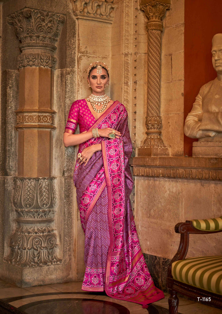 DARK PINK COLOR PRINTED ART SILK FABRIC PATOLA SAREE