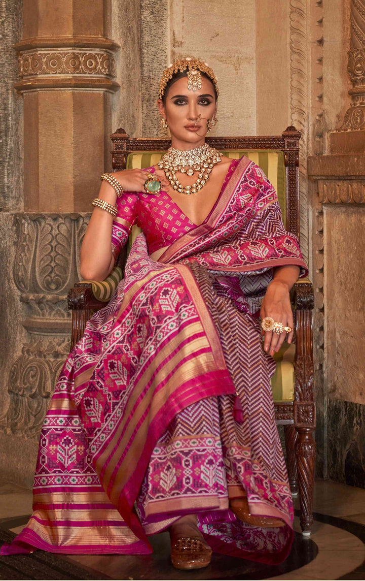 DARK PINK COLOR PRINTED ART SILK FABRIC PATOLA SAREE