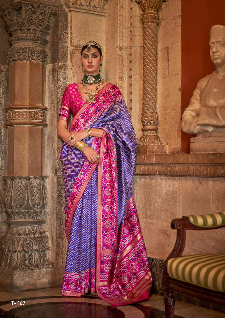 PURPLE BLUE COLOR PRINTED ART SILK FABRIC PATOLA SAREE