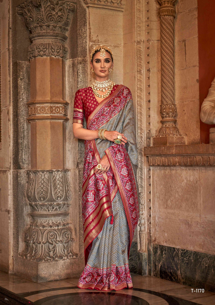 GREY COLOR PRINTED ART SILK FABRIC PATOLA SAREE