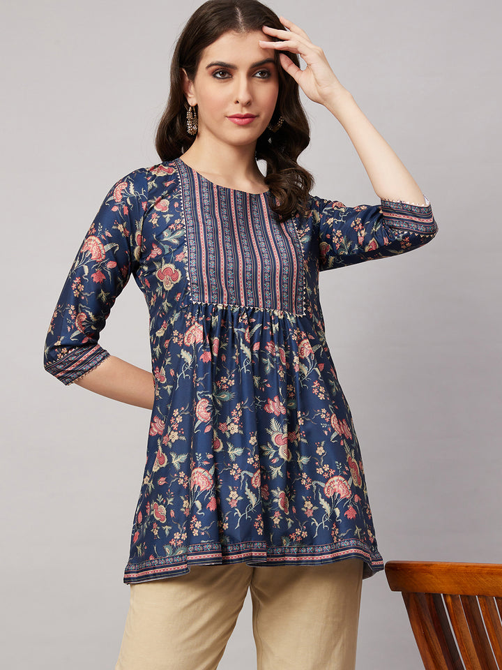 DARK BLUE CHINON WESTERN SHORT TOP - BY QIVII