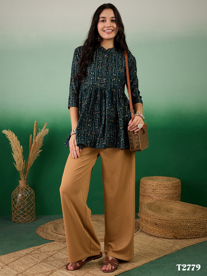 GREEN POLY COTTON WESTERN SHORT TOP