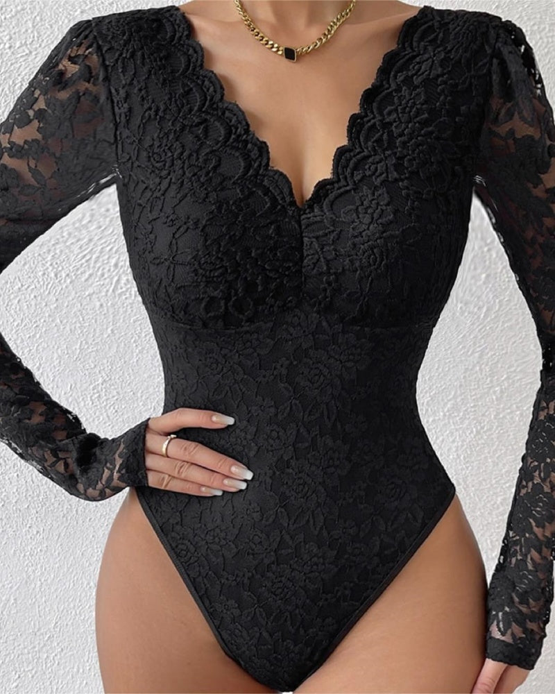 Floral Lace Sheer Long Sleeve Bodysuit V Neck Slim Fit Thong Body Shaper  - By Qivii
