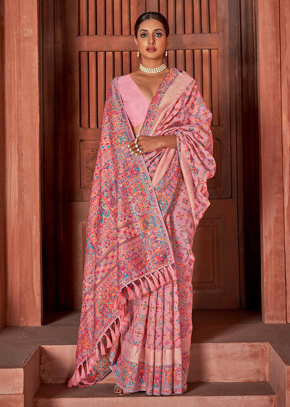 Taffy Pink Banarasi Kora Silk Saree with Pashmina Weaving & Zari Border Pallu | Stitched Blouse - qivii