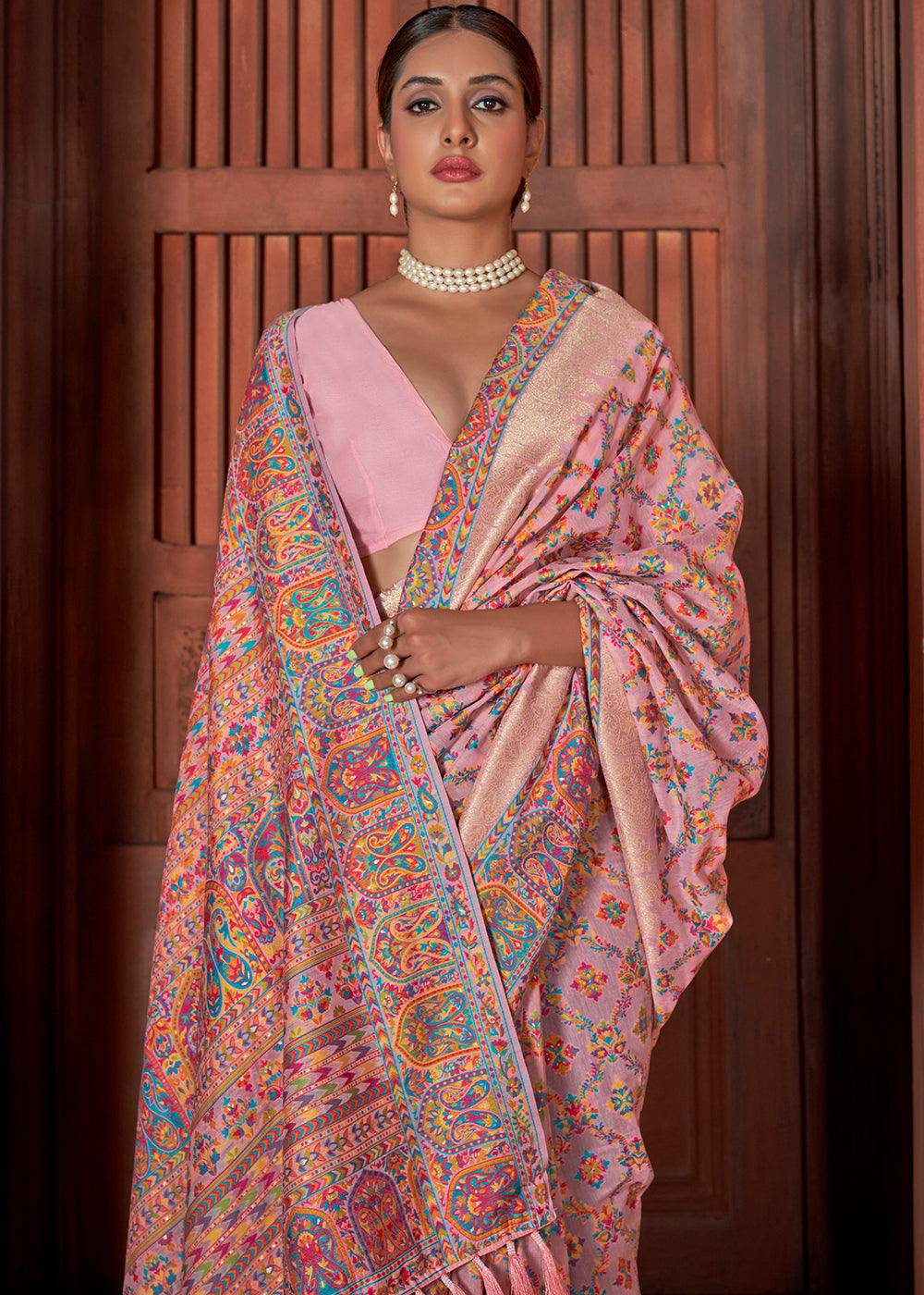 Taffy Pink Banarasi Kora Silk Saree with Pashmina Weaving & Zari Border Pallu | Stitched Blouse - qivii