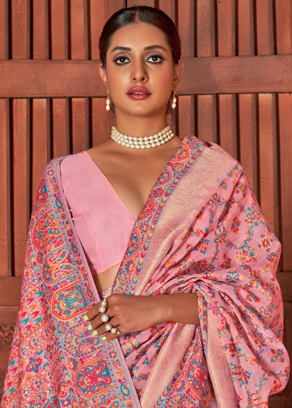 Taffy Pink Banarasi Kora Silk Saree with Pashmina Weaving & Zari Border Pallu | Stitched Blouse - qivii