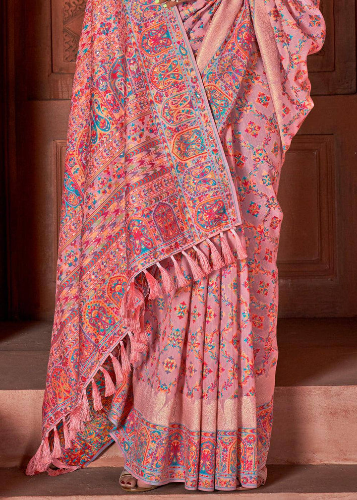 Taffy Pink Banarasi Kora Silk Saree with Pashmina Weaving & Zari Border Pallu | Stitched Blouse - qivii