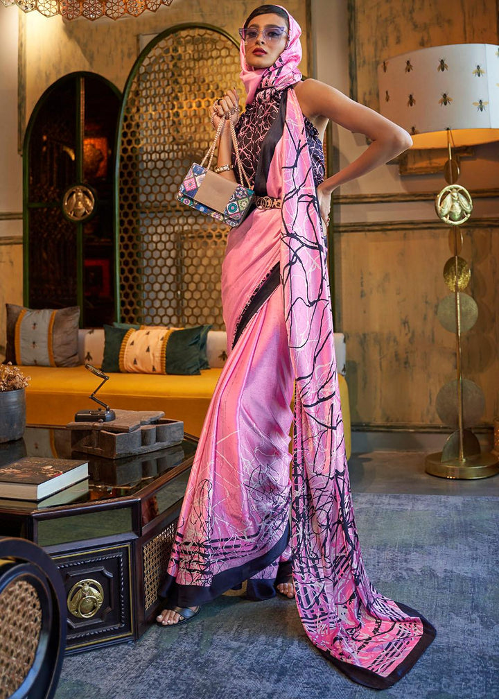 Taffy Pink Designer Satin Crepe Printed Saree | Stitched Blouse - qivii