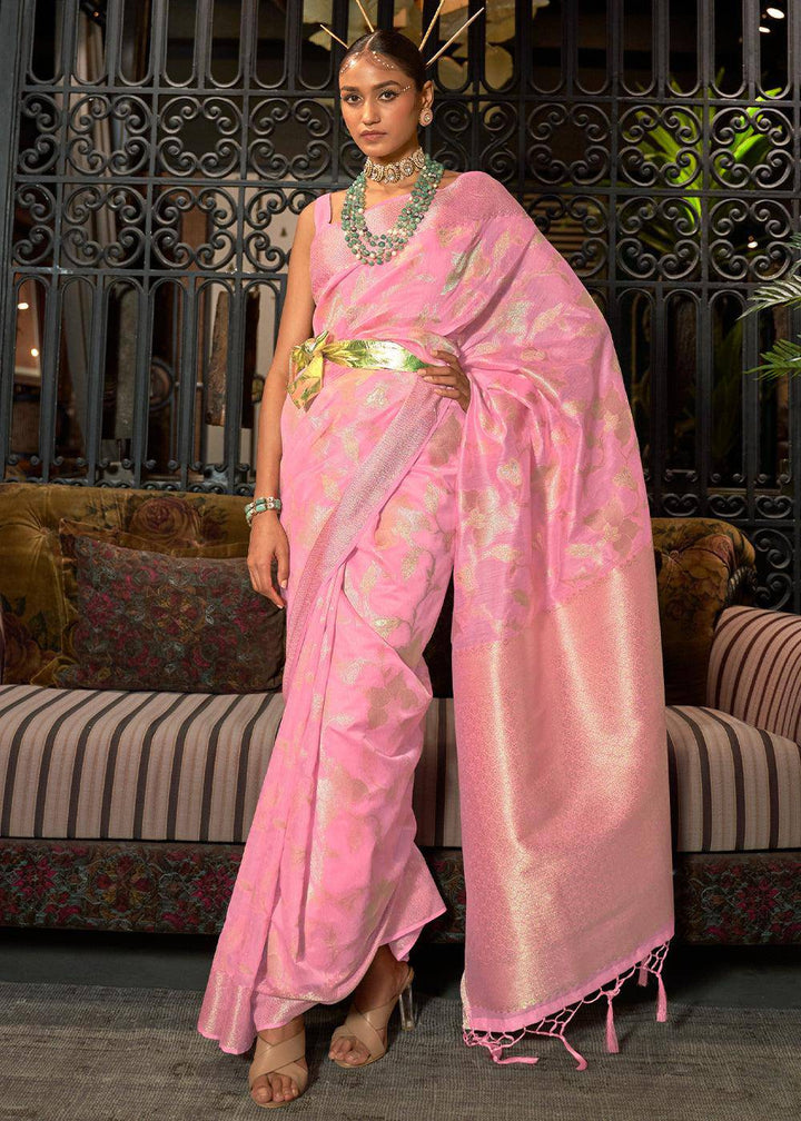 Taffy Pink Handloom Woven Designer Silk Saree | Stitched Blouse - qivii