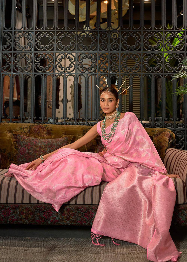 Taffy Pink Handloom Woven Designer Silk Saree | Stitched Blouse - qivii