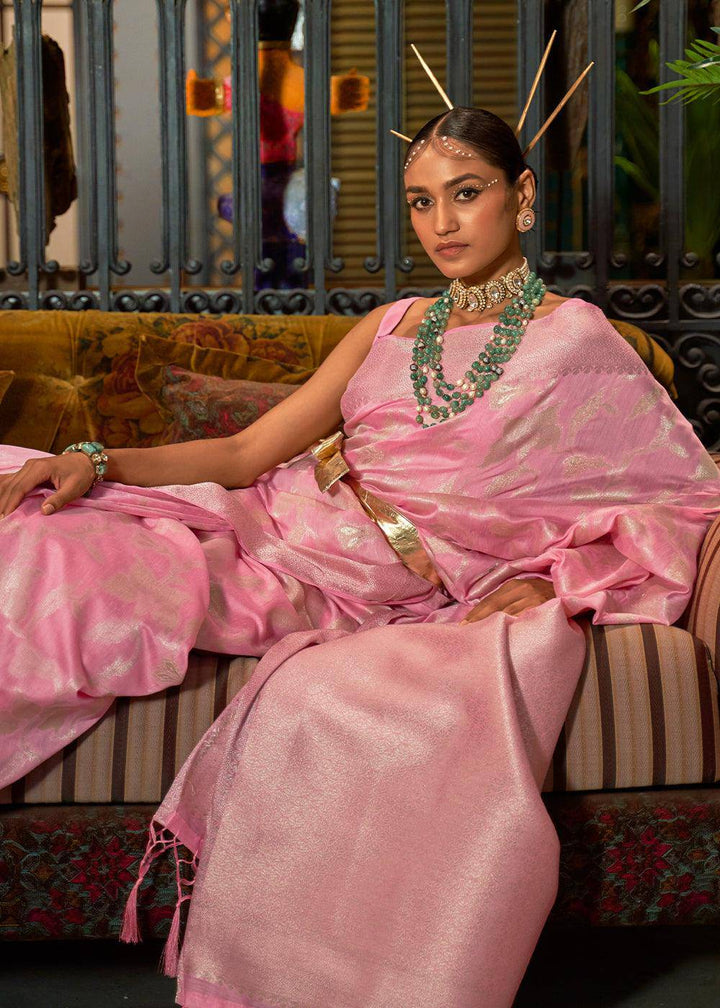 Taffy Pink Handloom Woven Designer Silk Saree | Stitched Blouse - qivii