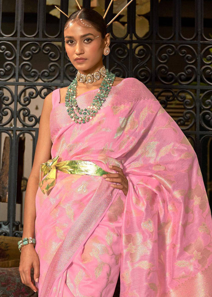 Taffy Pink Handloom Woven Designer Silk Saree | Stitched Blouse - qivii