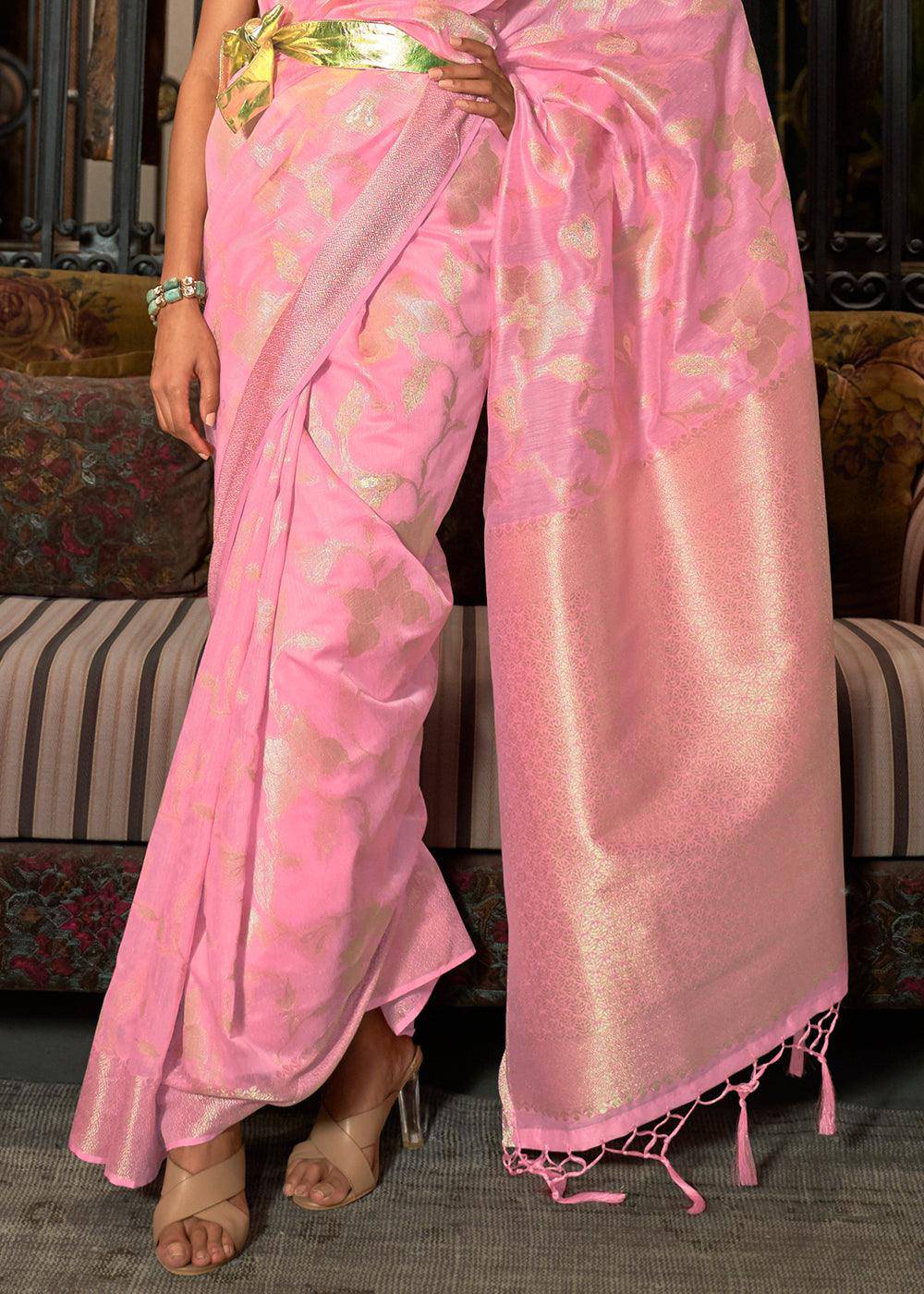 Taffy Pink Handloom Woven Designer Silk Saree | Stitched Blouse - qivii