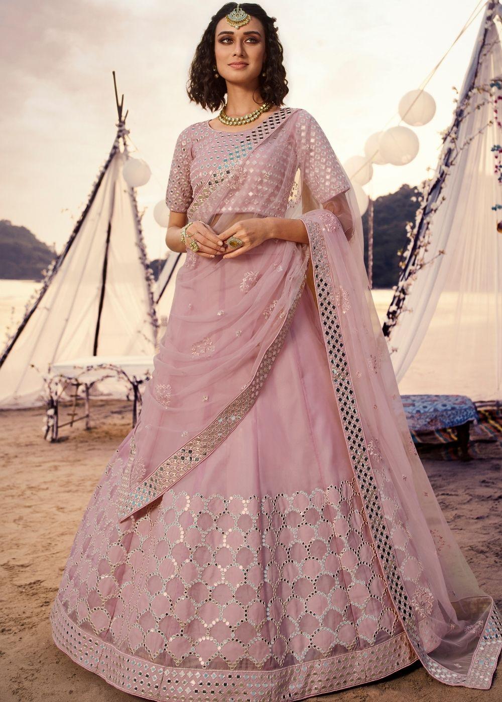 Taffy Pink Organza Lehenga Choli with Thread, Foli and Mirror work - qivii